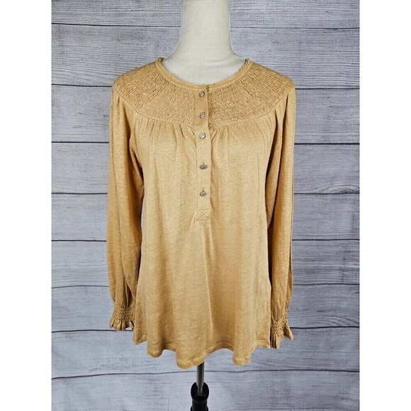 Sundance Linen Long Sleeve Smocked Yoke/Cuff Tunic Top Tan Size X-Small - Picture 1 of 7